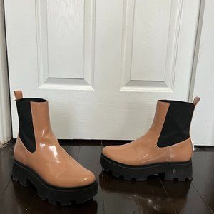Salmon colored platform booties